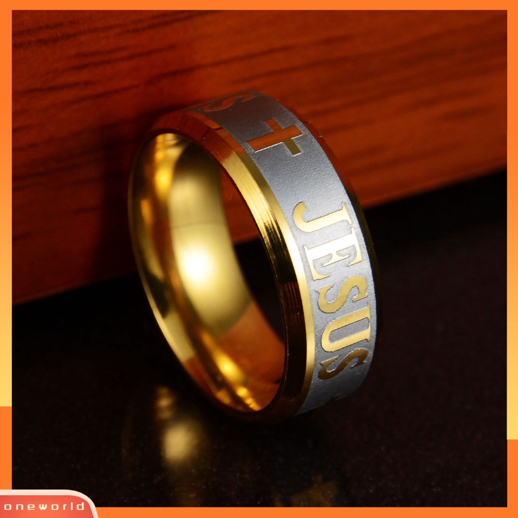 {oneworld} Cincin Unisex Huruf Salib Yesus Ukiran Perhiasan Cincin Kristen Pria Wanita Anti Karat Untuk Pesta