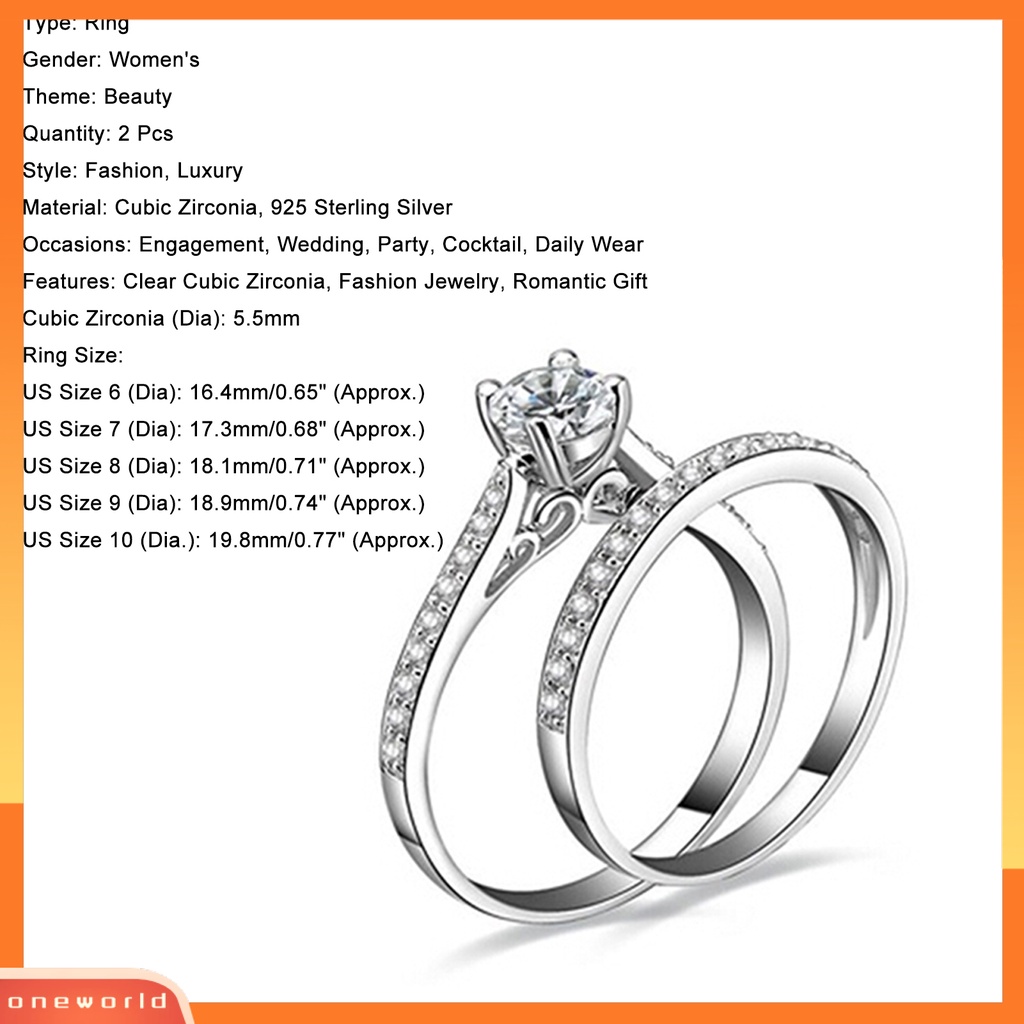 {oneworld} 2pcs/set Cincin Shiny Cubic Zirconia Plated Silver Cincin Jari Pasangan Romantis Untuk Pernikahan