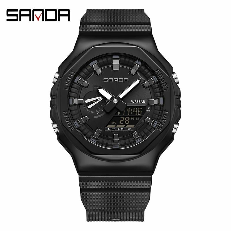 New Limited Jam Tangan Sanda 2100 Terlaris Dualtime Waterproof Display Men Watch Kasual