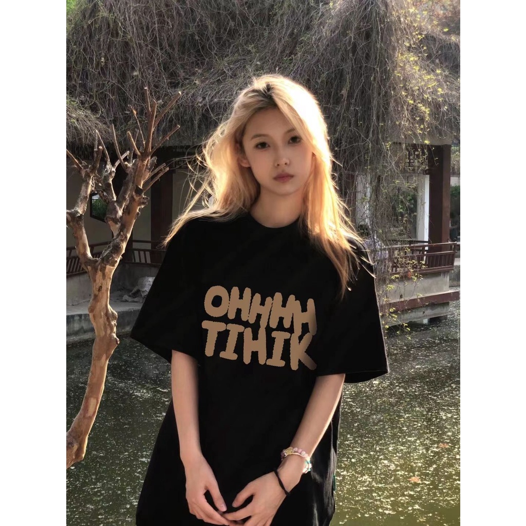 Red 100 Katun Sederhana Cetak Huruf Lengan Pendek T-shirt Atasan Wanita 2023 Niche Wanita Longgar Kasual Hitam T-shirt setengah Lengan