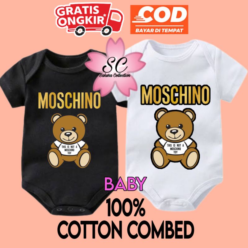 Kaos baju bayi jumper baby kids pendek viral logo tulisan brand MOSCHINO lucu usia 0 1 2 3 4 5 6 7 8 9 10 11 12 bulan sampai umur 1 tahun adem jumpsuit babysuit romper bodysuit little anak kecil hitam style laki laki perempuan unisex nyaman lembut