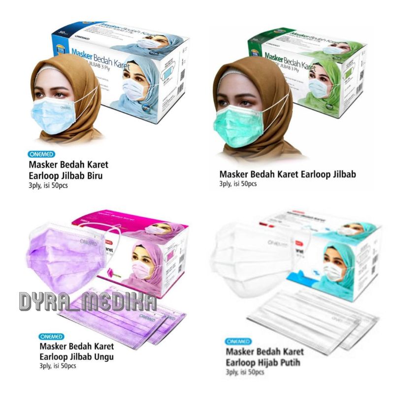 MASKER HIJAB HEADLOOP 3 PLY ISI 50 PCS ONEMED WARNA HIJAU,PUTIH,BIRU,PINK,UNGU / MASKER JILBAB 3 PLY