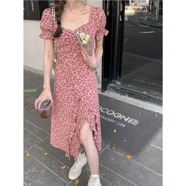 Red Versi Korea dari layar penuh gelombang man peach jantung kerah rok bunga temperamen Korea ramping puff lengan gaun celah sifon musim semi