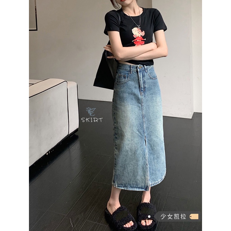 Red Rok denim celah rok wanita pria kecil musim panas baru retro pinggang tinggi A-line tas pinggul rok mid-length rok