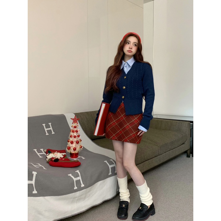 Red Retro American preppy suit wanita rajutan jaket kemeja musim semi dan musim gugur rok kotak-kotak rok kampus setelan jas tiga potong