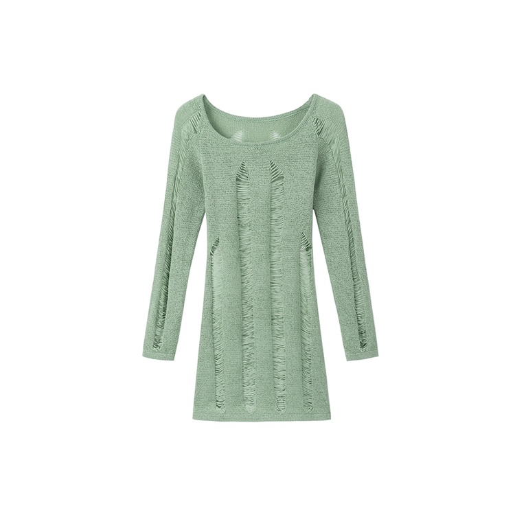 Red Blus sweter rajut berongga hijau tanpa tali musim panas Desain Prancis sweater lengan panjang babes atasan satu bahu wanita