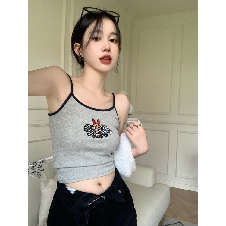 ▪✁☌Suhao American Retro Dicetak Putih Rompi BM Selempang Kecil Wanita Musim Panas Slim Fit Pendek Katun Kemeja Top Crop Top seksi Tank Top Wanita Motif