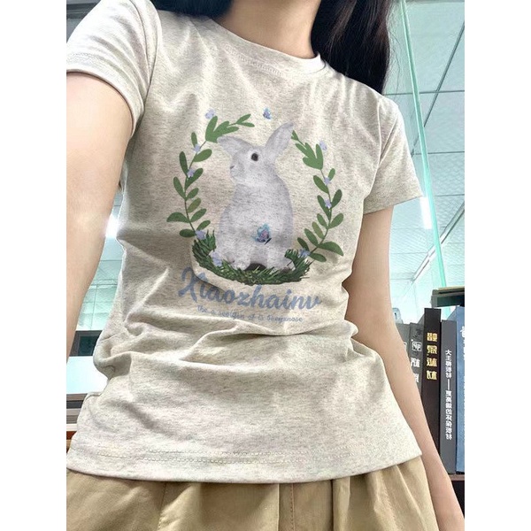 Red Oatmeal warna bahu depan lengan pendek t-shirt wanita versi Korea slim fit gaya reguler musim panas all-match atasan kasual in minoritas