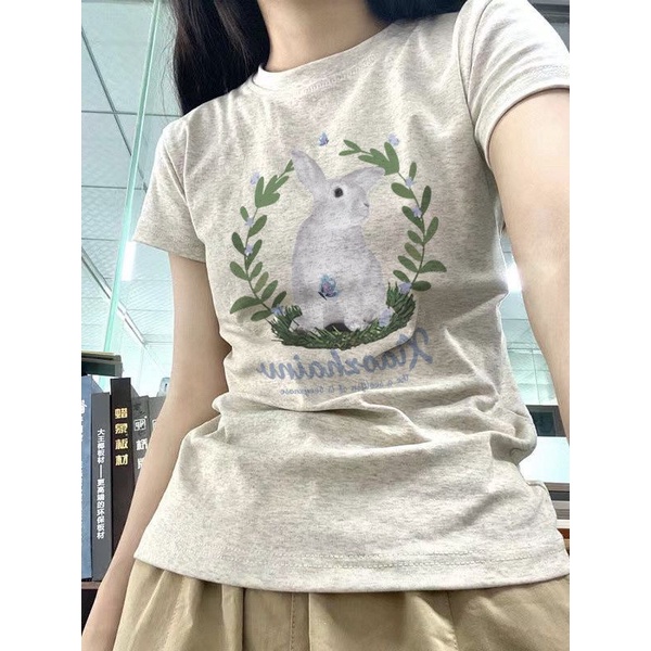 Red Oatmeal warna bahu depan lengan pendek t-shirt wanita versi Korea slim fit gaya reguler musim panas all-match atasan kasual in minoritas