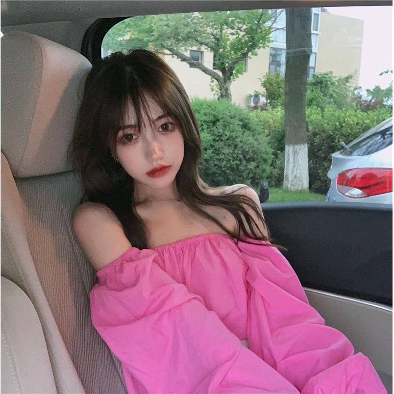 Red Seksi One-Shoulder Top Boneka Kemeja Wanita Musim Panas Baru Angin Lembut Longgar Lengan Panjang T-shirt Mawar Merah bottoming Kemeja