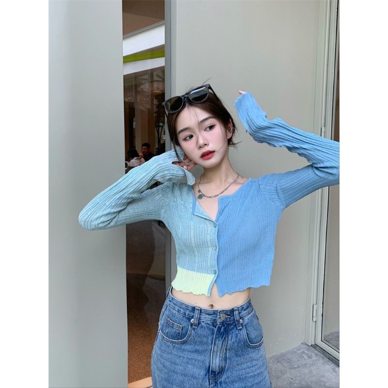 Red Design sense of pure desire style long-sleeve tight knitwear female spring hot girl blue short cardigan chic top niche