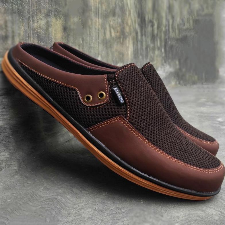 BISA COD Bustong Slop Selop Sepatu Sandal Kulit Pria Slip On Kasual Sintetis Kerja Kantoran Formal S