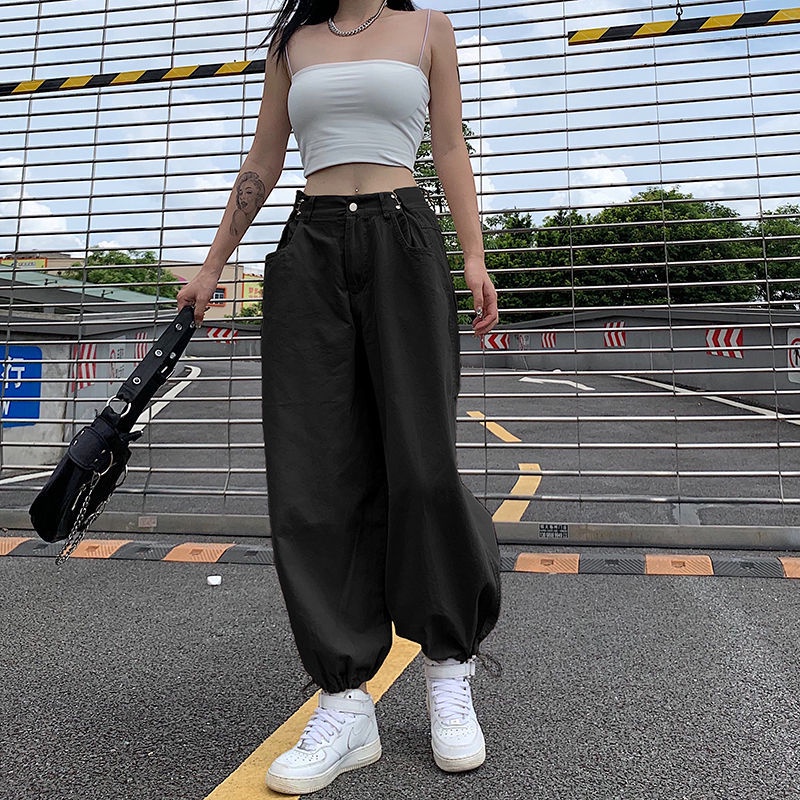Red Celana ayah kasual celana pof serut yang dapat disesuaikan wanita kaki longgar menunjukkan kaki tipis overall panjang menari all-match