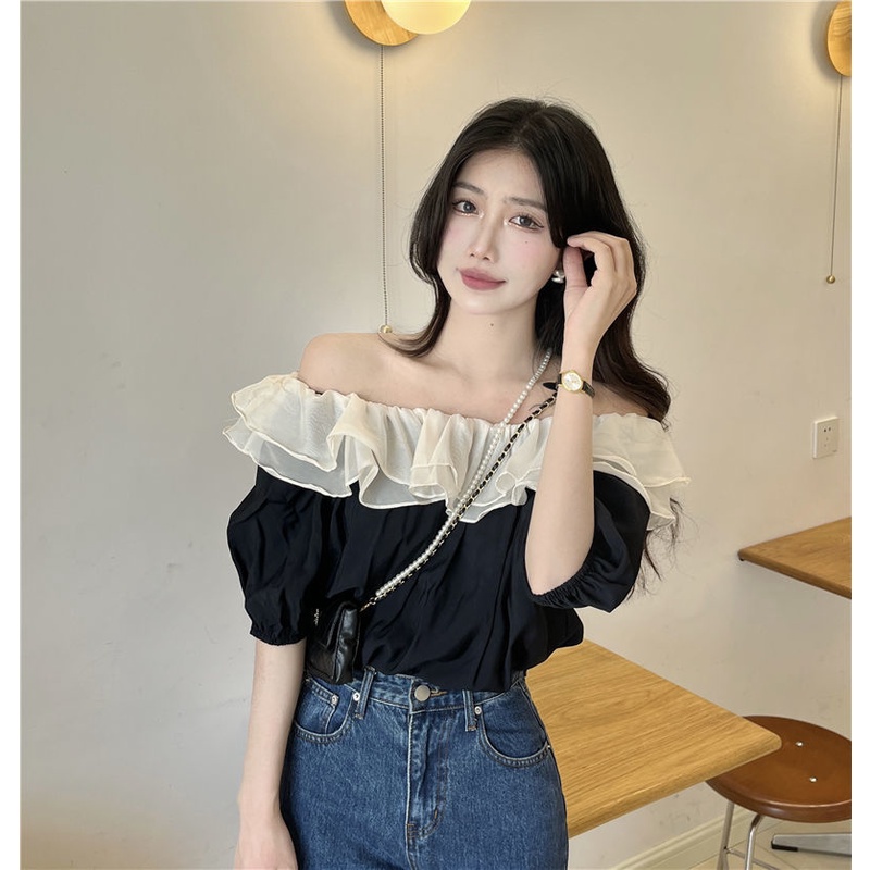 Kemeja lengan puff off-shoulder musim panas Prancis