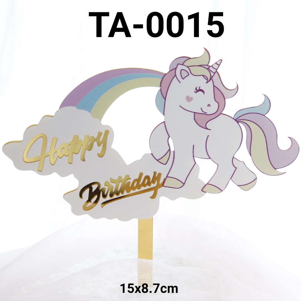TA-0015 Cake topper tulisan akrilik happy birthday kuda unicorn (TULISAN AKRILIK)