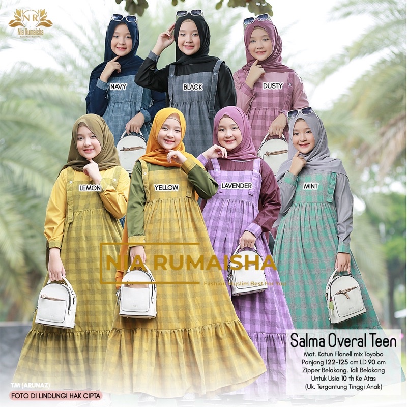 Salma Overal Teen Original by Nia Rumaisha Gamis Anak Motif Kotak-kotak Bahan Katun Flanel Mix Toyob