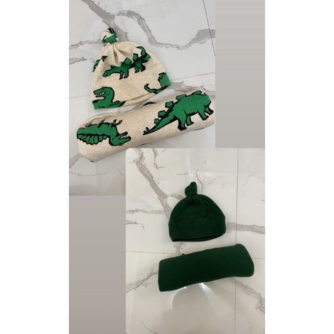 [2 set] Kubik.kal - Baby Swaddle Bedong Bayi Dino Hijau + Topi Knot