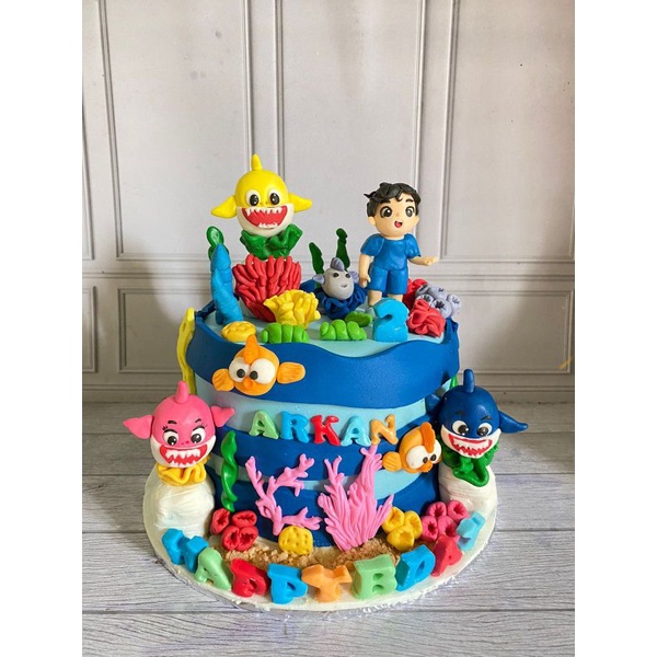 

CUSTOM cake ultah / kue ulang tahun fondan 20cm tema baby shark