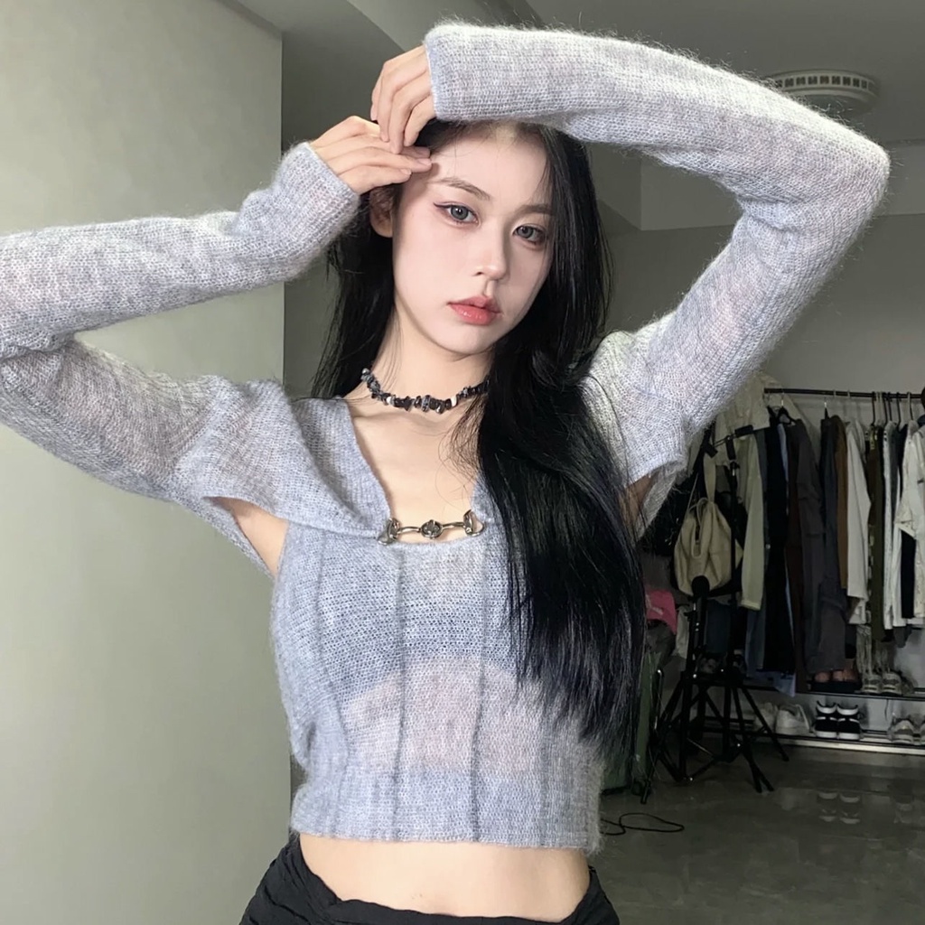 Red Jas dua potong/satu potong musim semi baru slim-fit rajutan sweater bertali selendang wanita Perancis pendek chic top