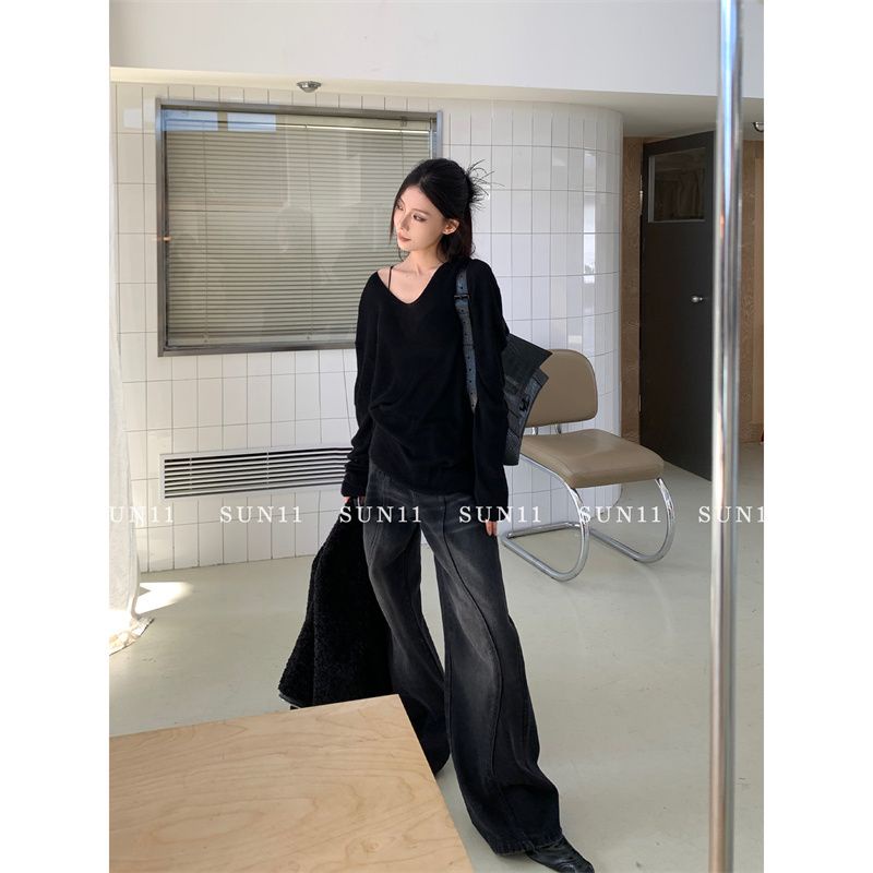 Red Keinginan murni angin V-neck lengan panjang top wanita musim semi dan musim panas baru putih mikro-transparan rasa desain ceruk longgar rajutan tabir surya kemeja