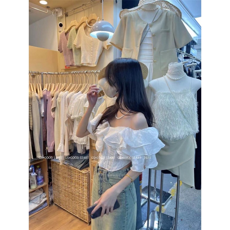 Red Rasa desain one-shoulder daun teratai tepi pinggang bungkus lembut dada kecil kemeja musim panas temperamen kemeja retro atas pakaian wanita