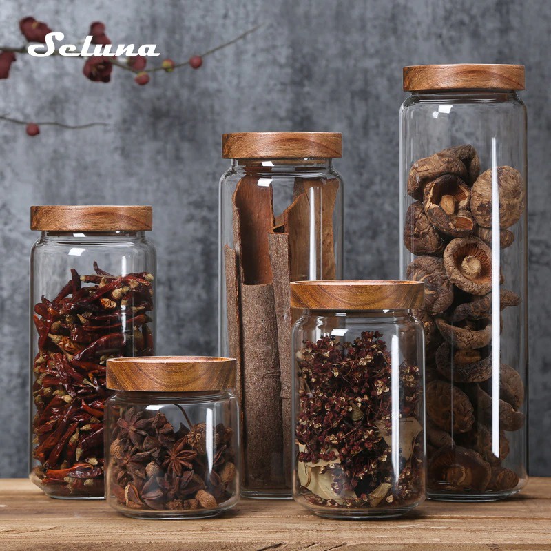 G8UI Seluna Toples Kaca Kedap Udara Wood Lid Canister Storage 9.5 X 15.3 CmSl01Transparent Or-i