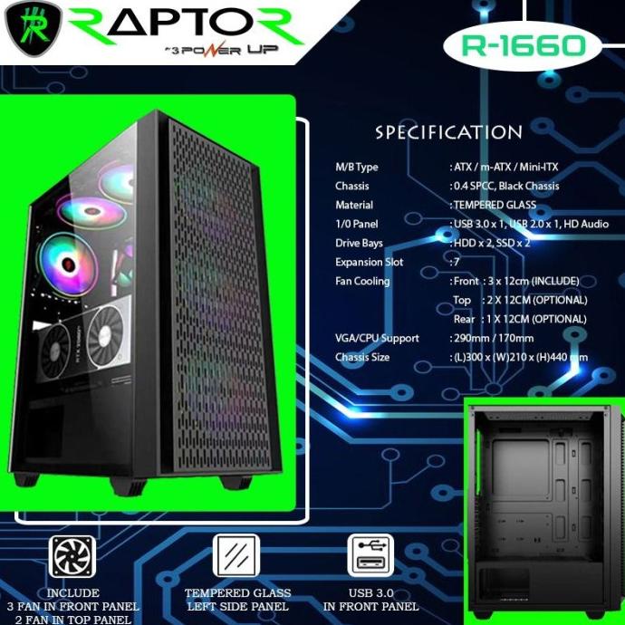 CASE GAMING TRANSPARAN 3 FAN RGB RAPTOR 1660