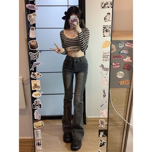 Red Smokey grey flared jeans wanita musim dingin American retro slim slim high waist straight pants high street tide ins