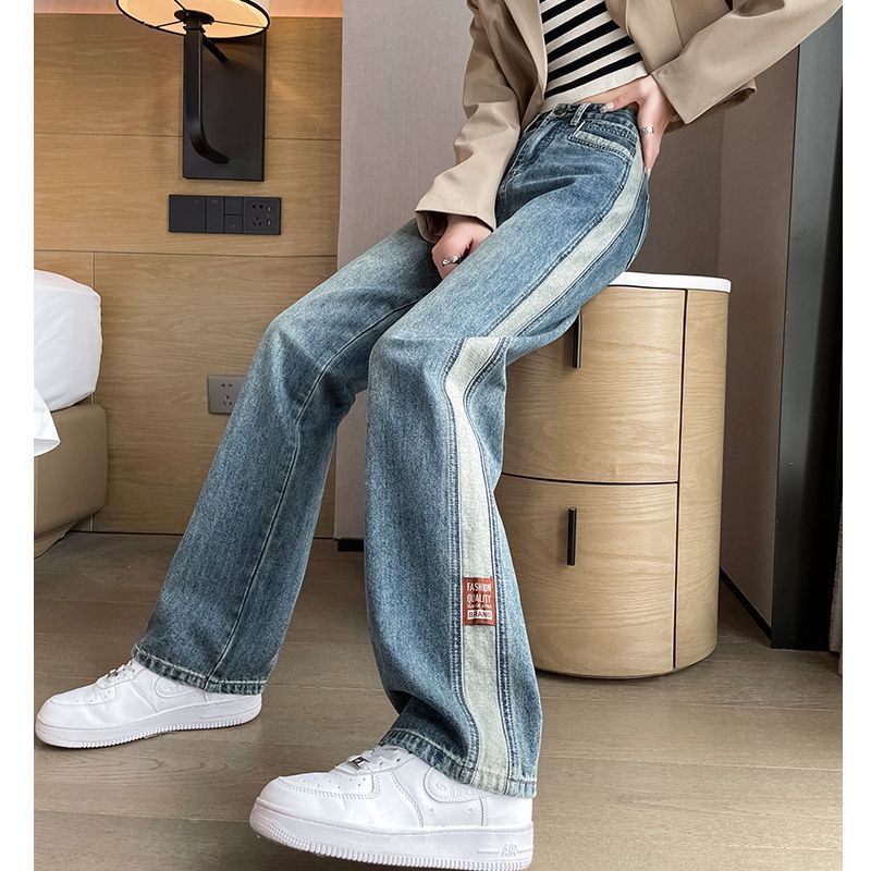 Red Pinggang tinggi lurus musim panas bagian tipis baru longgar retro tinggi kaki lebar kepribadian gaya elegan mengepel jeans wanita