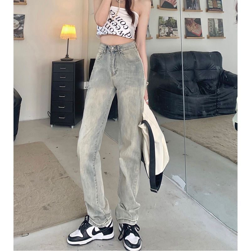 Red Celana jins celup lumpur kuning wanita gaya Amerika jalan dicuci celana kasual tua mengepel celana lurus high street tide ins