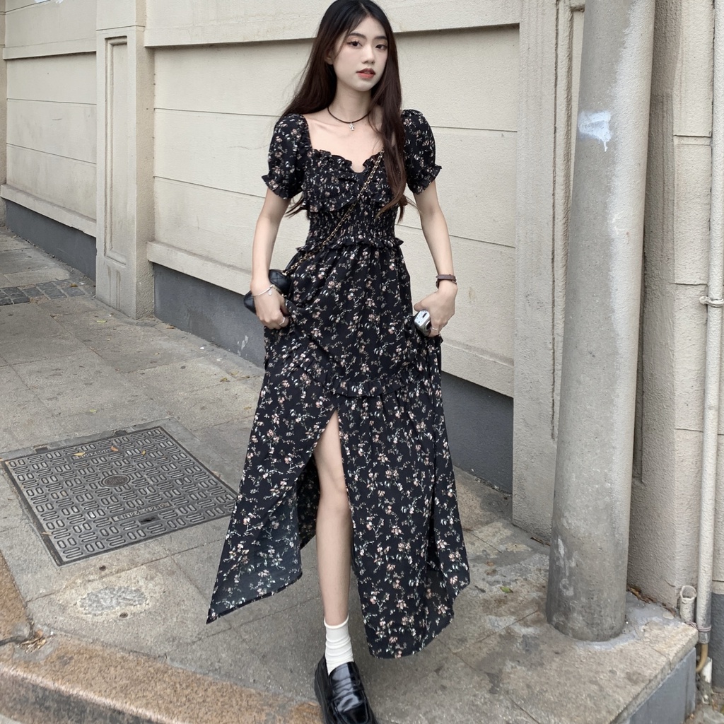 Red French square collar floral dress wanita musim panas 2023 baru model setengah panjang dengan belahan lengan pendek A-line skirt + outer cardigan