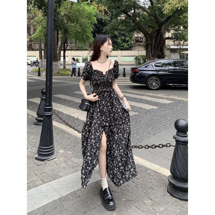 Red French square collar floral dress wanita musim panas 2023 baru model setengah panjang dengan belahan lengan pendek A-line skirt + outer cardigan