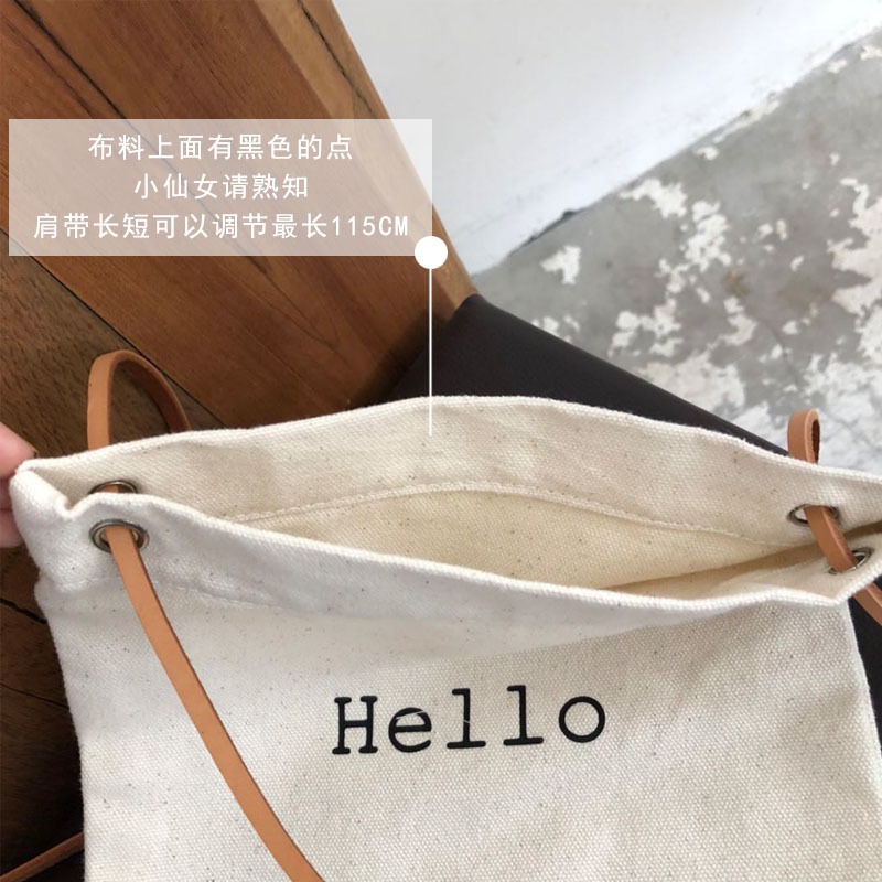 ♙◐✺Sera Simple all-match canvas small messenger bag letter printing hello small fresh college style shopping shoulder bag female