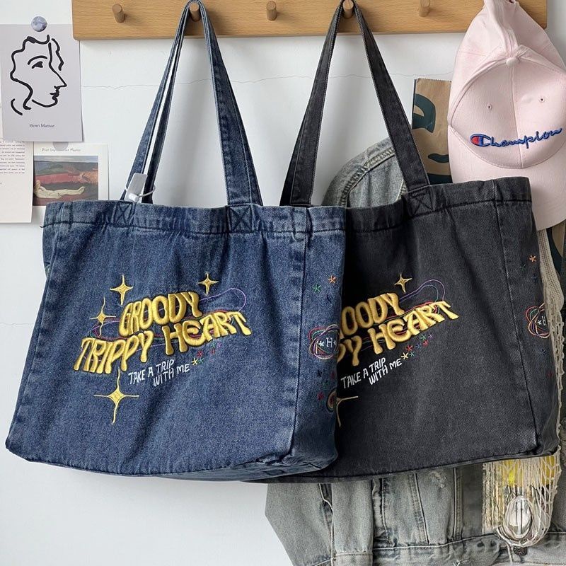 ✈Sera Tidak Ingin Menganggur Amerika Retro Denim Kanvas Tas Kapasitas Besar Bordir Tas Bahu Mahasiswa All-Match Tas Tangan