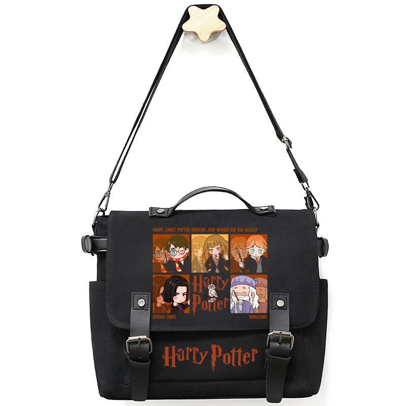 ❧Sera  Harry Potter co-branded sekitarnya sekolah sihir lucu kartun siswa kanvas tas bahu portabel tas Messenger