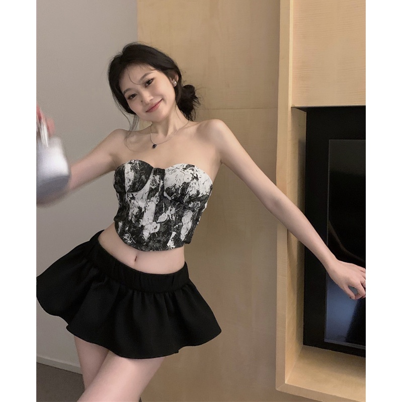 ☂◑Suhao French floral tube top rompi wanita musim panas temperamen strapless bra pendek halter dengan top seksi di dalam crop top sexy tank top wanita motif