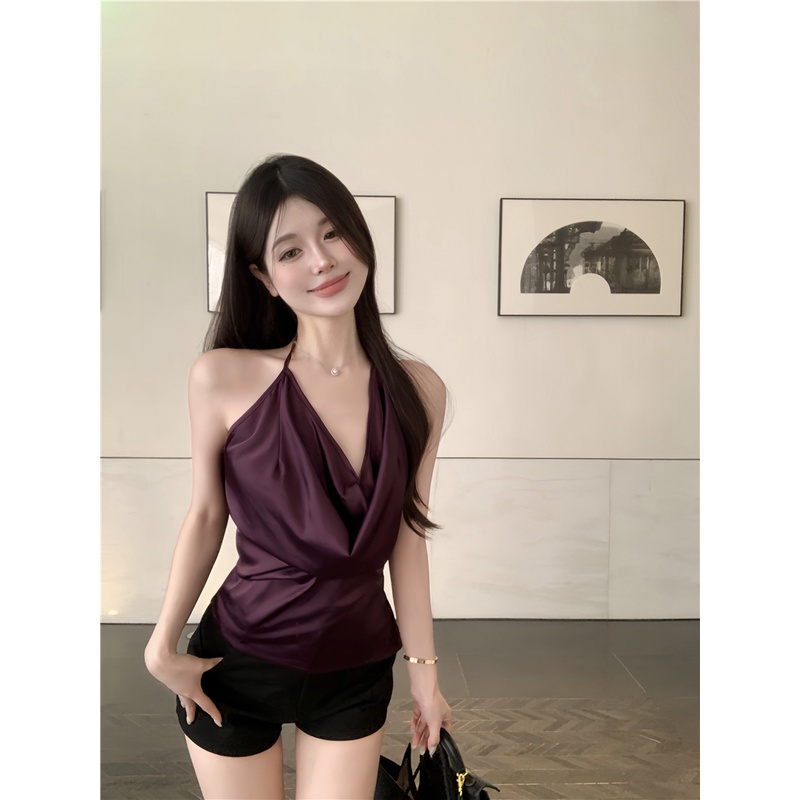 ♣▤▬Suhao murni keinginan seksi halter leher kamisol wanita musim panas satin berkualitas tinggi budidaya diri manis hot gadis pendek top pakaian crop top seksi tank top wanita motif