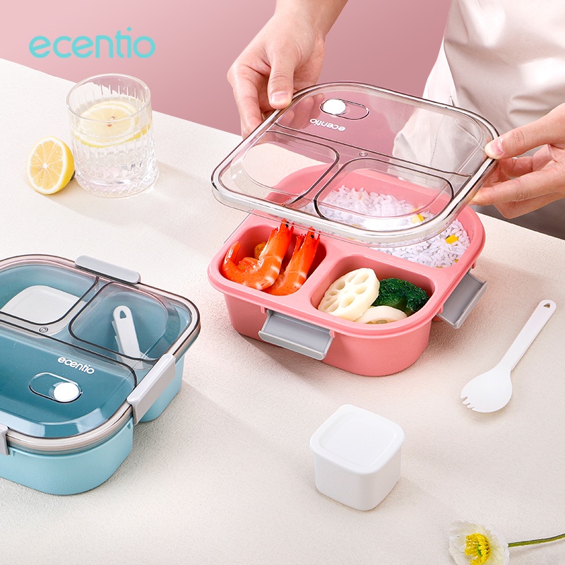 ecentio kotak makan anti tumpah 3 Sekat 1100ml free sendok dan toples 100ml BPA Free