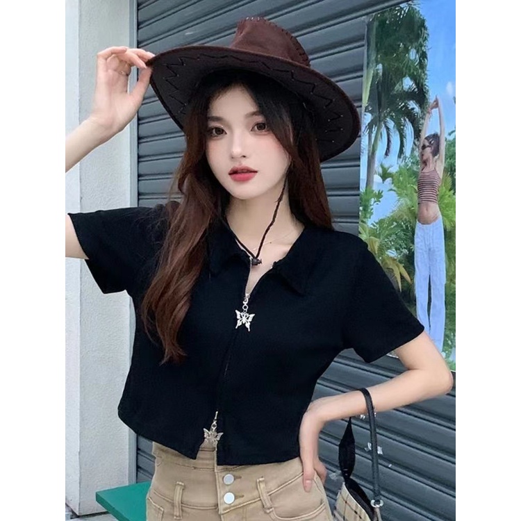 Red Musim Panas Baru Kupu-kupu Ritsleting Ganda Keinginan Murni Polo Kerah T-shirt Fashion Manis Slim Slim Desain Top Wanita