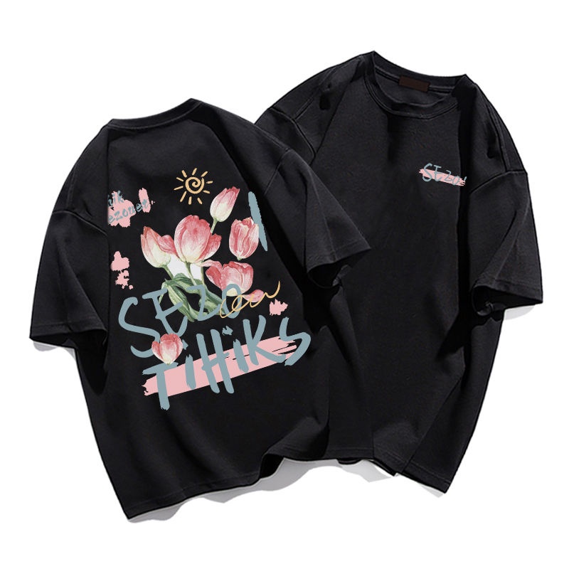 Red 100% Katun Berat 230G Putih Putih Gaya Amerika Tipis Lengan Pendek T-shirt Wanita Oversize Rose Top