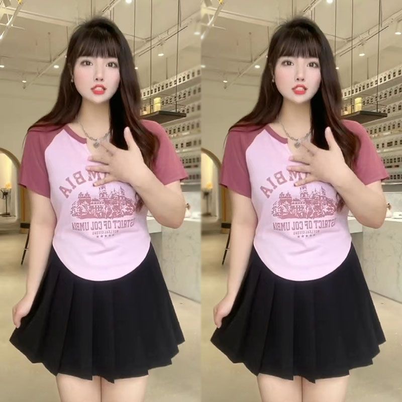 Red Daging Kecil Yao Ukuran Besar Longgar V-Leher Penutup Pelangsing Perut Retro Jahitan Cetak Huruf Top Lengan Pendek Fat Sister t-shirt Wanita