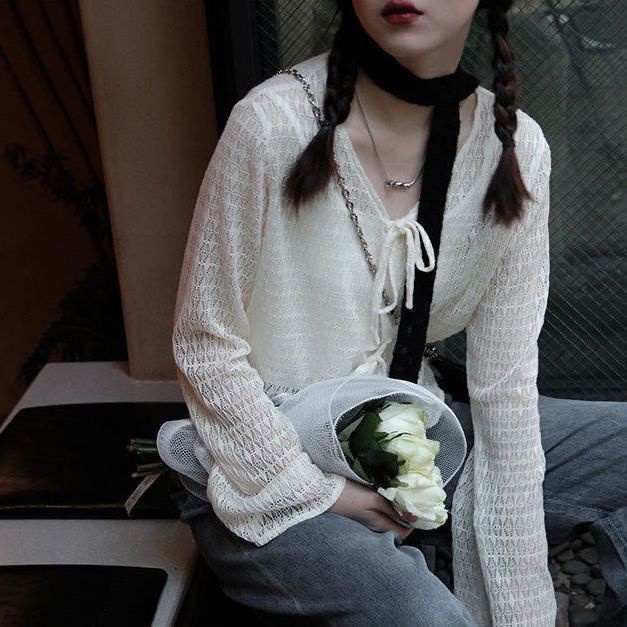 Red 2023 baru musim panas bagian tipis renda berongga dasi cardigan dengan es sutra pendek mesh perlindungan matahari kemeja lengan panjang