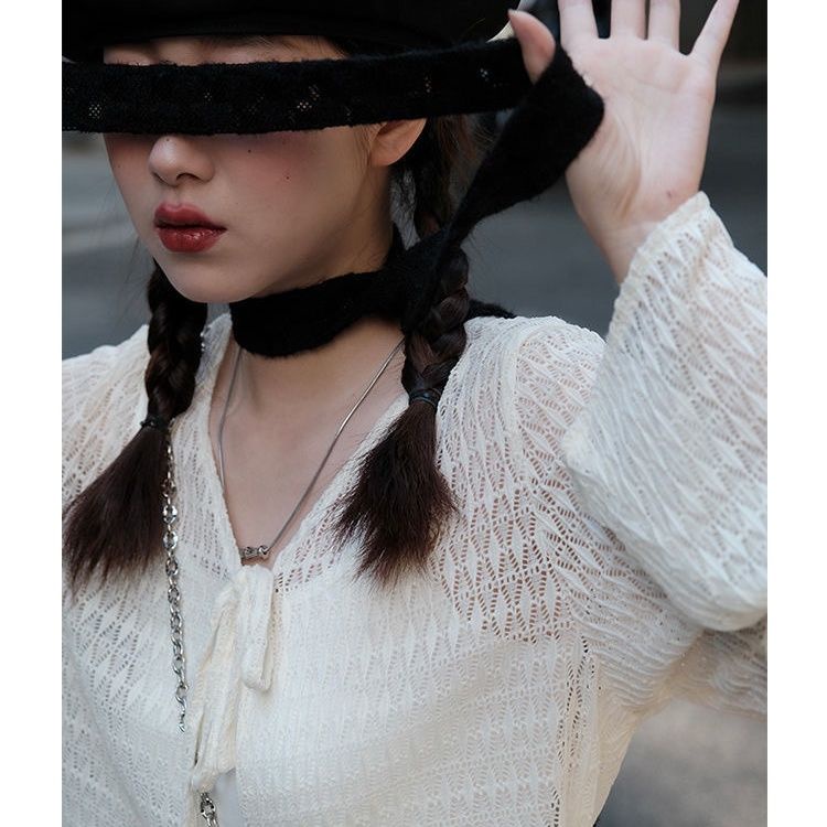 Red 2023 baru musim panas bagian tipis renda berongga dasi cardigan dengan es sutra pendek mesh perlindungan matahari kemeja lengan panjang