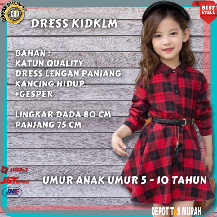 Dress Korea Anak Perempuan Katun Kotak Merah Umur 5 6 7 9 1 Tahun