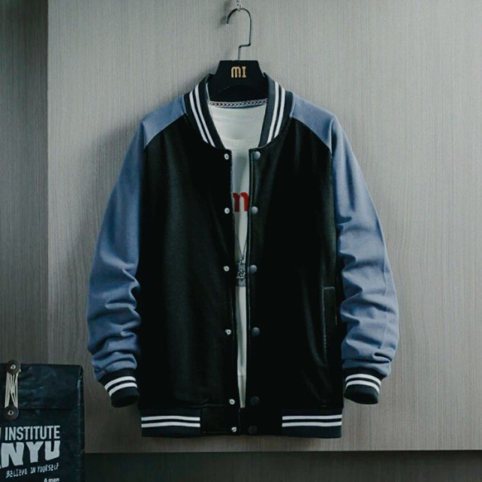 Terlaris JAKET BASEBALL PRIA VARSITY PREMIUM BIGSIZE JUMBO READY S-6XL BOMBER - hitam/biru, S