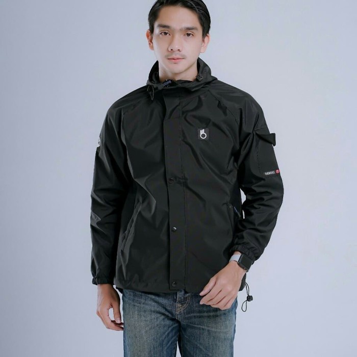 COD jaket hoodie pria maroon polos parasut taslan waterproof - Hitam