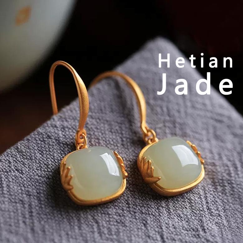 TERLARIS Anting Gantung Emas 18K Dengan Batu Giok Hetian Natural Untuk Wanita hilda