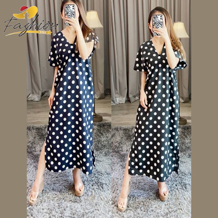 Baju Terusan Wanita Casual Dress POLKADOT MAXI COLOUR | X471 - NAVY crinkle model kini rayon premium