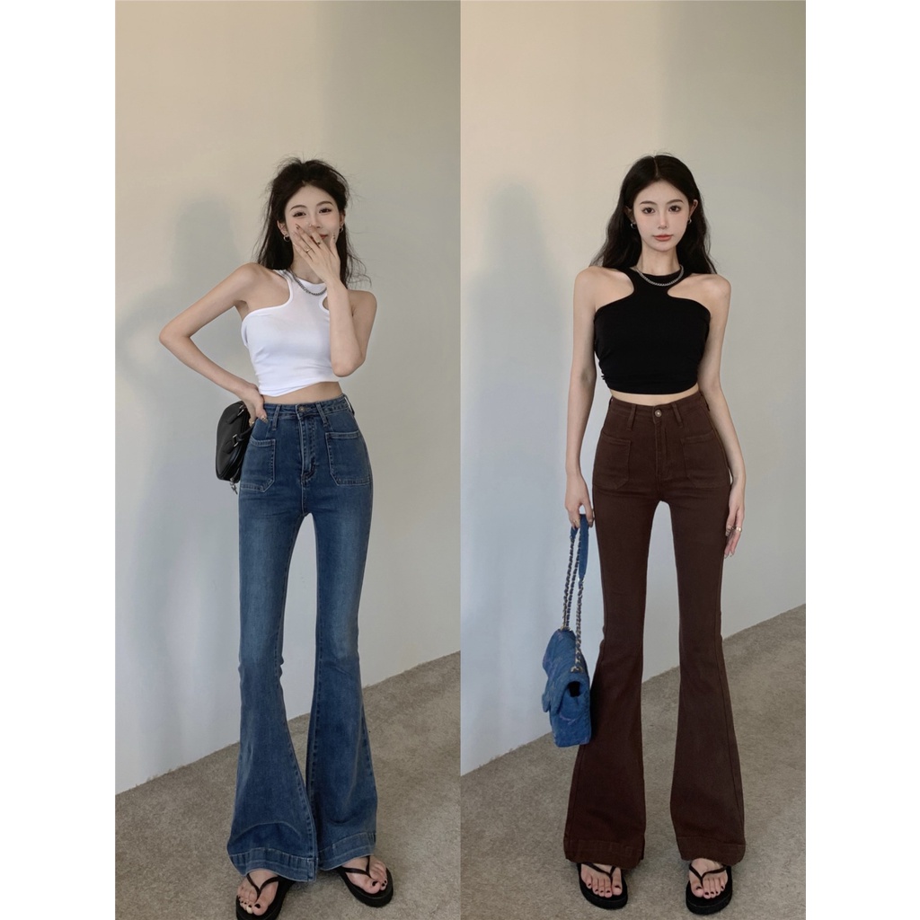 Celana jeans berpinggang tinggi retro gaya Hong Kong untuk wanita musim panas celana berkobar orang-orang kecil terlihat kurus dan semua pertandingan celana berkobar