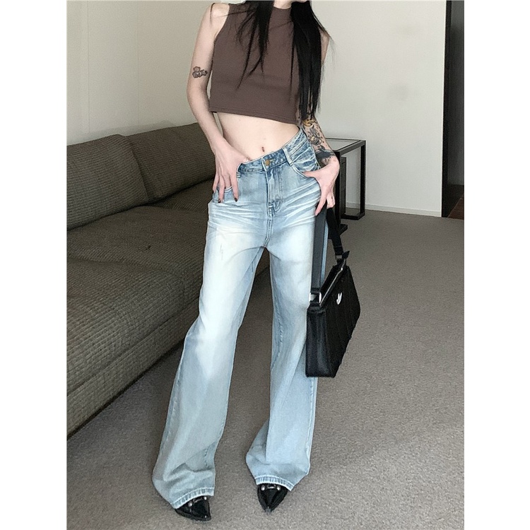 Celana Jeans Wanita Warna Muda Retro Musim Panas 2023 Baru Tinggi Pinggang Lurus Mengepel Celana Longgar Lebar Kaki Celana Panjang